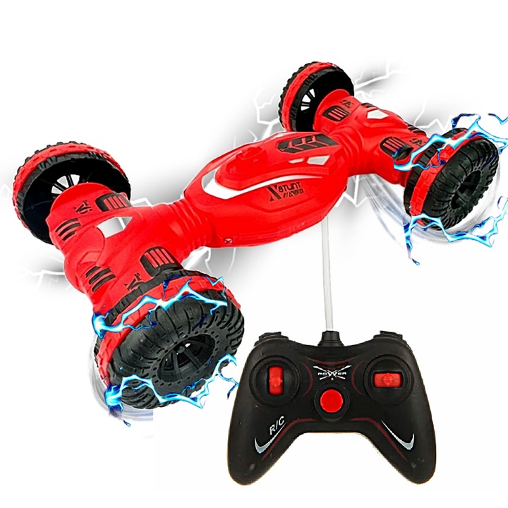 Masina cu Telecomanda 27 MHz 3D, RC pentru Copii, Cascadorie, de Drift cu Rotire la 360 grade si Rasturnari de 180 grade, rapida, Rock Crawler, Off-Road, Lumini Led, Acrobatii, Culoare Rosu SprintMag®