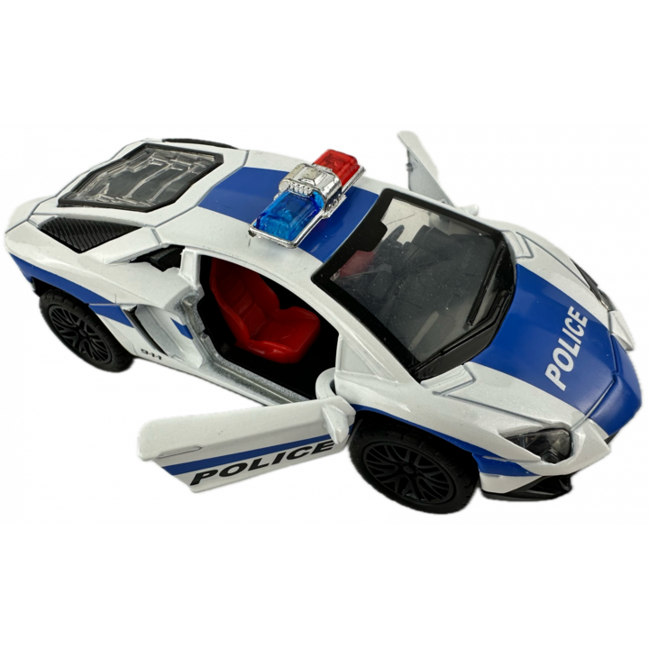 Masina metalica Politie, Lumini si Sunete, Usi mobile,11 cm, Alb Albastru