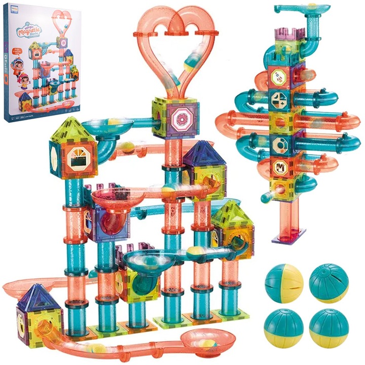 Образователен и креативен магнитен комплект с 262 части, пътека с топка, "LikeSmart Magic Magnetic Blocks", многобройни възможности за креативно изграждане, развитие на двигателните умения и въображението