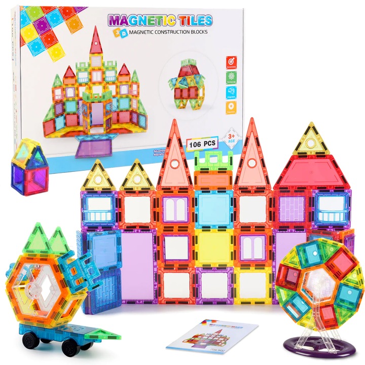 Set Educativ si Creativ Magnetic cu 106 Piese, "LikeSmart Magnetic Tiles", Numeroase Posibilitati de Construit Creativ, Dezvoltarea Abilitatilor Motrice si a Imaginatiei