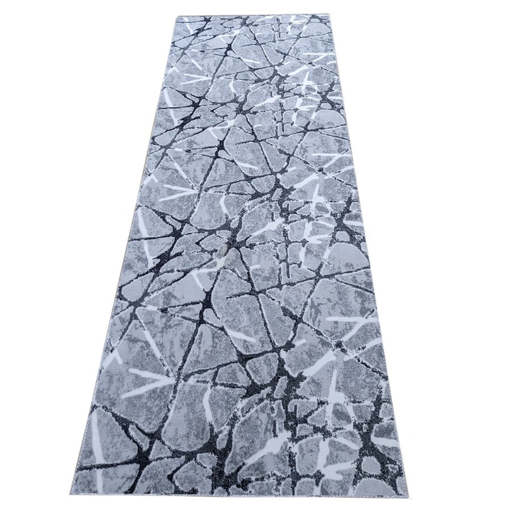 Traversa Antiderapanta Gri cu Negru, Abstract, Poliester, 100 x 250 cm