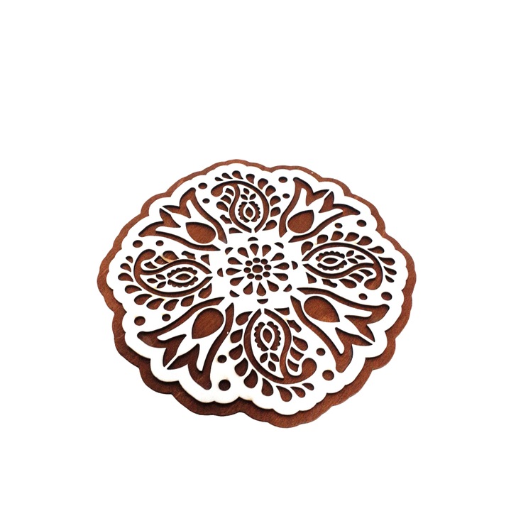 Suport pentru vase fierbinti, rotund, lemn, model flori