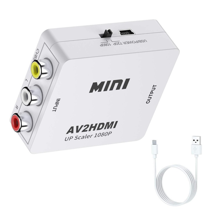 Convertor mini AV(RCA) la HDMI, VGA, Full HD, 1080p, Video si Audio Stereo, cu Cablu de Alimentare USB, Alb