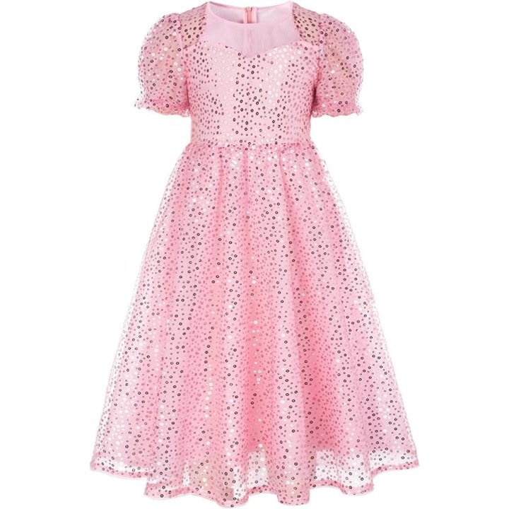 Розова рокля от тюл с пайети и къс ръкав за момичета GRACE KARIN, размер 158, 12 години
