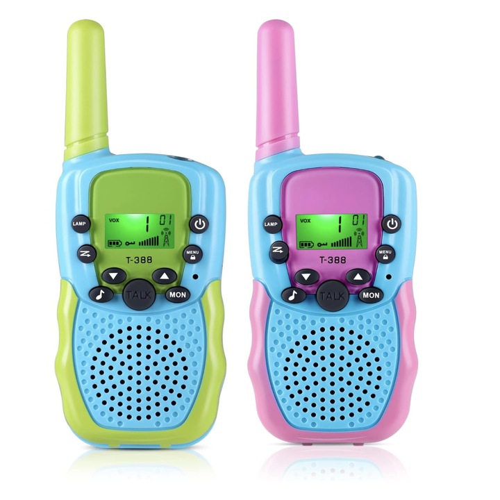2db walkie talkie gyerekeknek, zseblámpával és LCD képernyővel, kék/rózsaszín