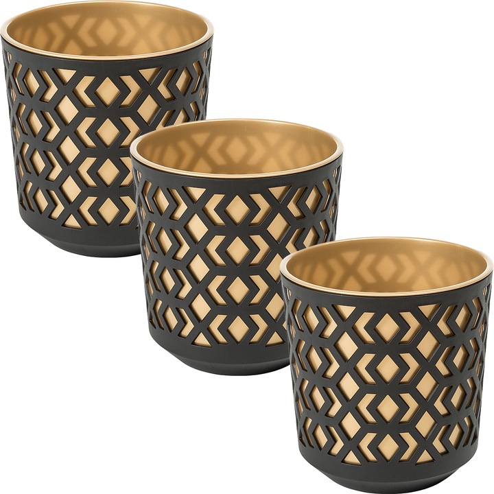Set de Ghiveci 3x rotund Lamela Aztek LA790-49 14x15cm negru/auriu