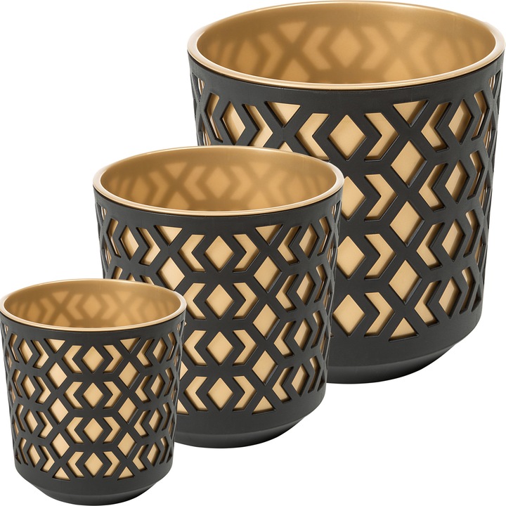 Set de Ghiveci 3x rotund Lamela Aztek 14x15cm, 19, 5x20cm, 25.5x27cm negru/auriu