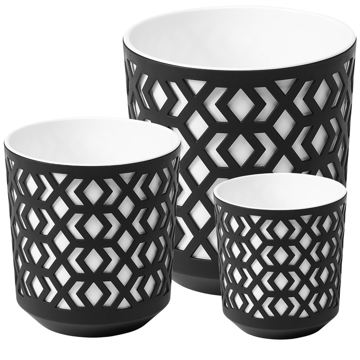 Set de Ghiveci 3x rotund Lamela Aztek 14x15cm, 19, 5x20cm, 25.5x27cm negru/alb