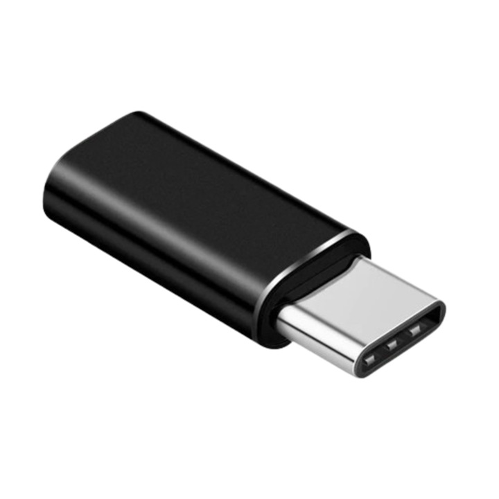 Адаптер със светъл щепсел към USB-C 3.1, OTG, Plug & Play, 5V/2A зареждане, Алуминиев корпус, Универсална съвместимост, Черен