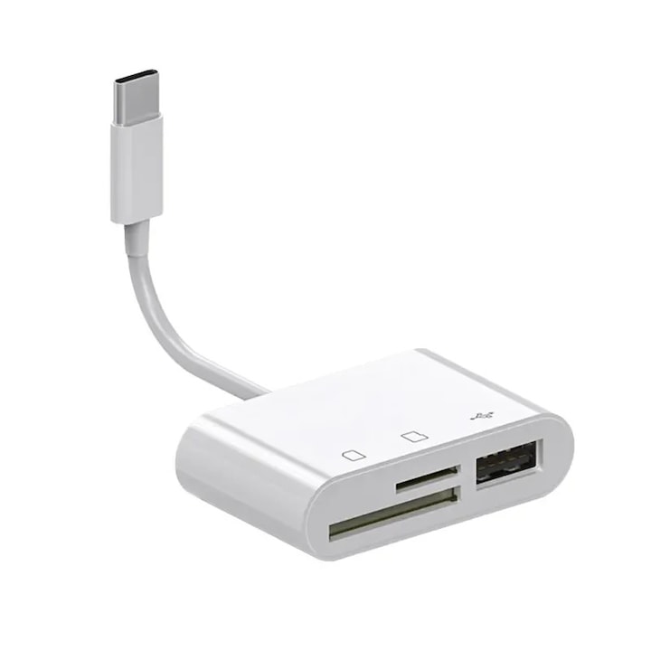 Adaptor OZ TRIPLU 3 in 1 OTG, incarcare simultan cu mufa de incarcare USB-C la USB 2.0 citire carduri TF si SD, compatibilitate universala, conectare simultana mouse/tastatura, 1x TF, 1x SD, Plug & Play 11 cm, Alb