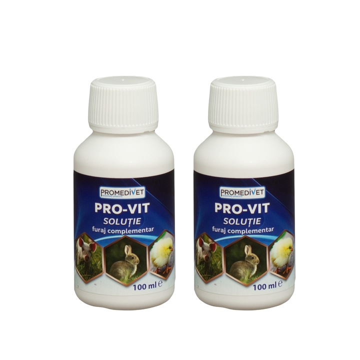 Pro-Vit Vitamin Complex, Питейна, 100 ml, за укрепване на имунната система, предпазва в периоди на стрес, подобрява наддаването на тегло и репродуктивната способност на Пилета, Кокошки, Пуйки, Прасета, Говеждо, Агнета, 2 броя