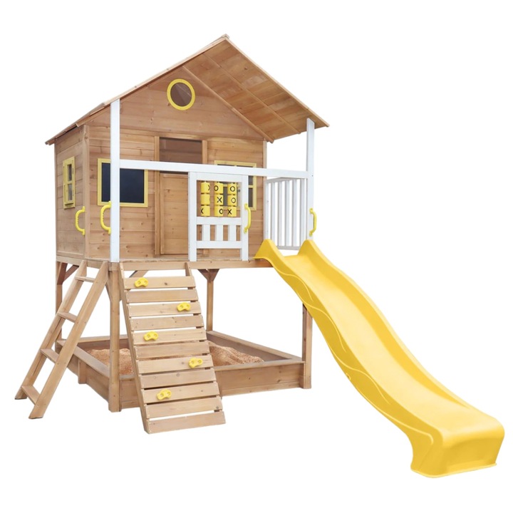 Casuta mare pentru copii, GINGER HOME, nisip si tobogan, pentru joaca in aer liber in curte si gradina, lemn, 258x271, 5x291 cm