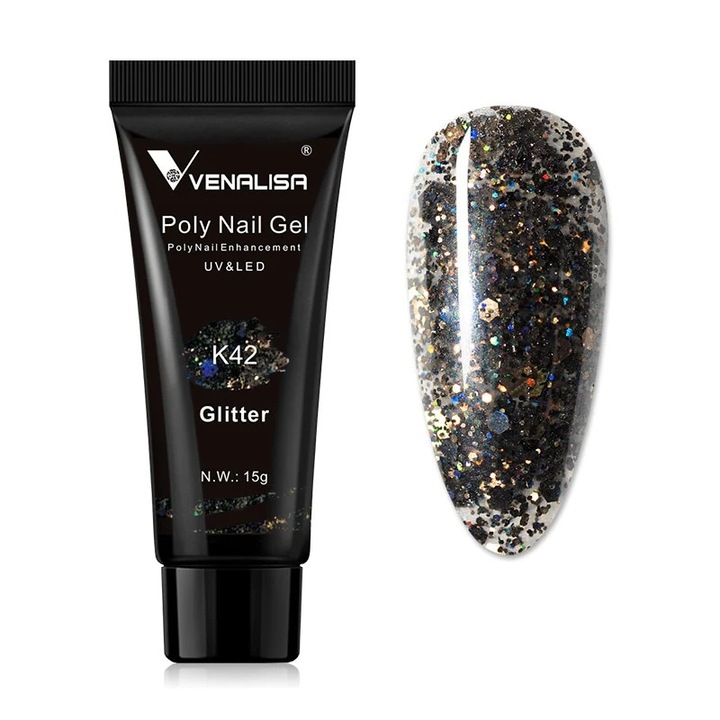 Polygel pentru constructie unghii, Venalisa, 15 gr, K42, sparkles color
