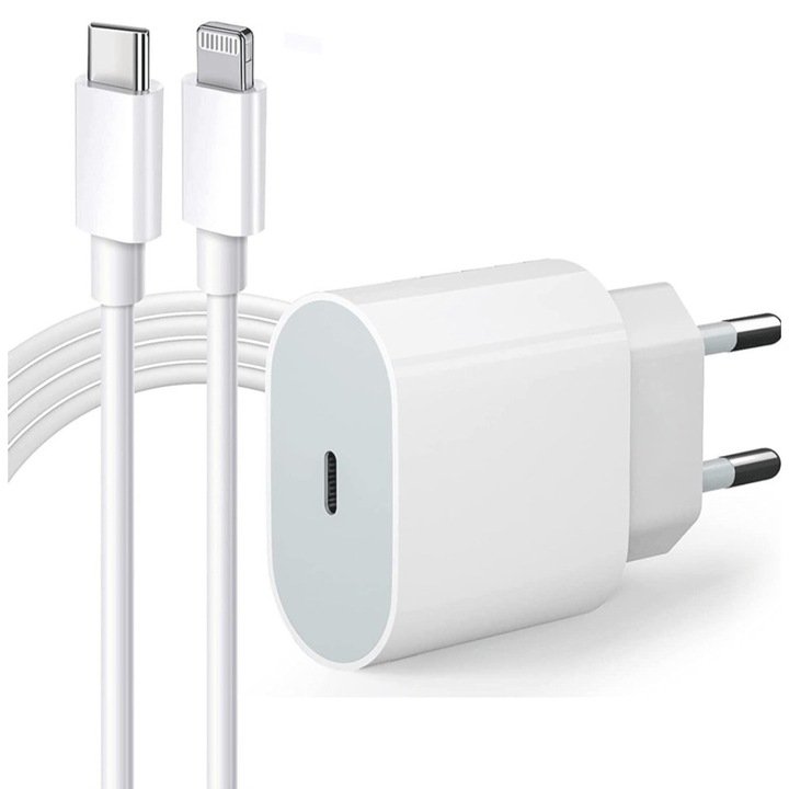 Зарядно устройство Planet Tech, Съвместим с Iphone, 20W, USB-C Lightning, Бял