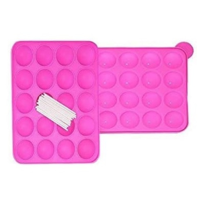 Forma silicon 20 de Bile de 3.7 cm cu Bat Inclus, pentru cake pops si bomboane de ciocolata, roz, N Novacris Store