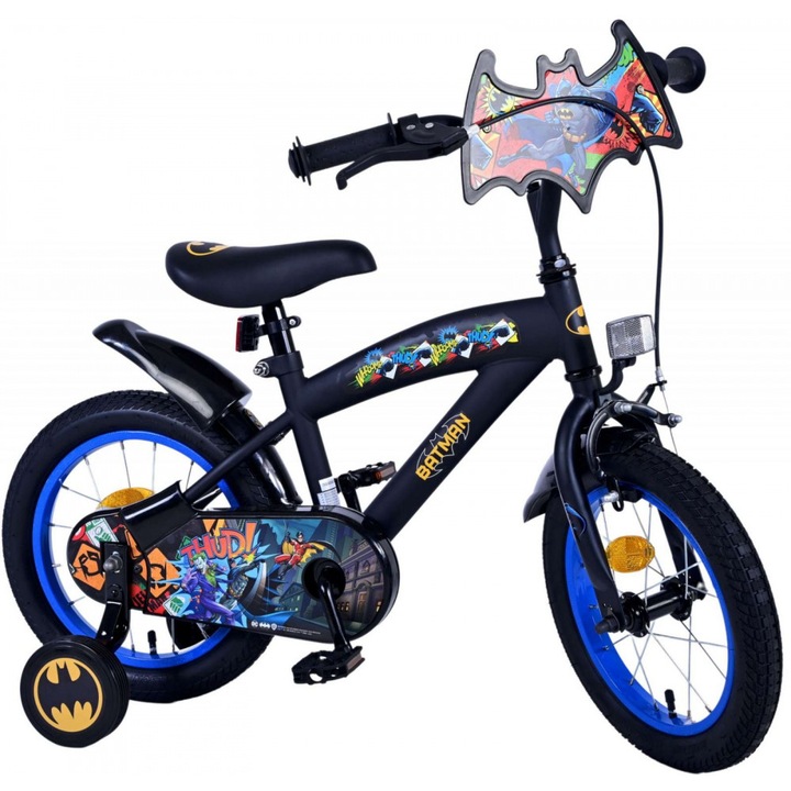 Bicicleta E&L Batman 14 inch ND pentru copii cu varsta cuprinsa intre 3,5 si 5 ani, cu o inaltime intre 98 la 110 cm, frana de mana fata, frana de picior spate, stopuri reflectorizante, roti ajutatoare