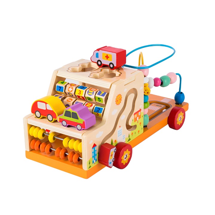 Camion educativ multifunctional Montessori 4 in 1, din lemn, abac, circuit, potrivire si calculator, SARALMA®