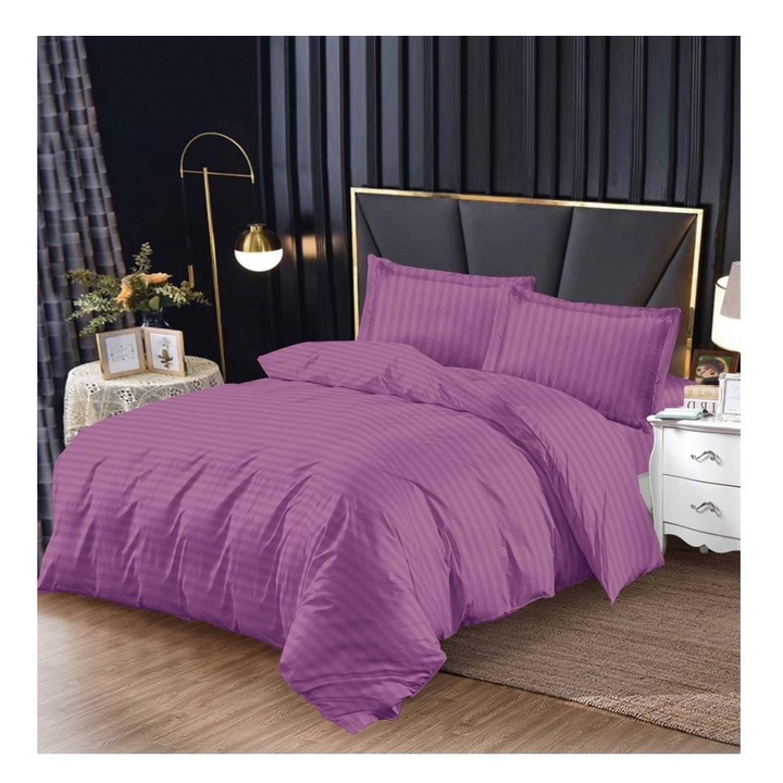 Спално бельо от дамаска, за двойно легло, 6 части, 180x200 см, Виолетов