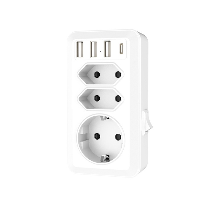Щепсел адаптер, JESWO, 3 x USB 3.4A, 1xType C, 3xCA Jack, 16A, LED индикатор, Бял
