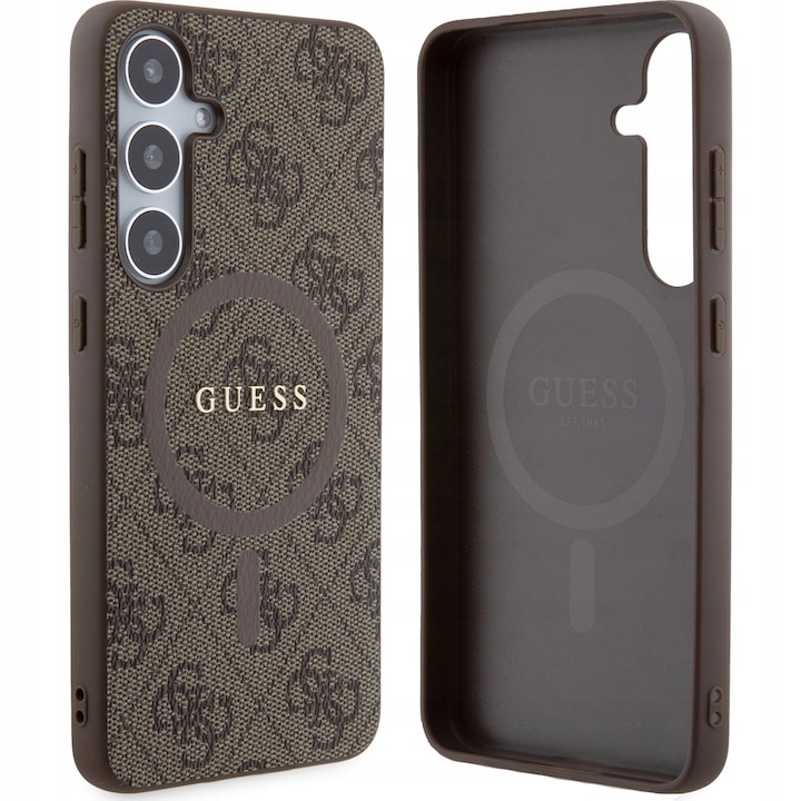 Калъф за телефон, Guess, Hardcase 4G Leather Metal Logo MagSafe, съвместим с Galaxy S24 Plus, кафяв