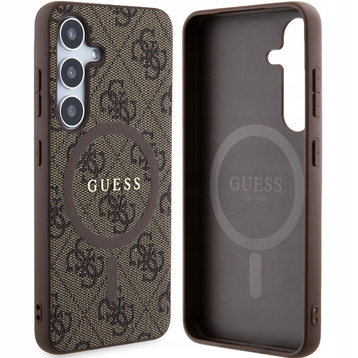 Калъф за телефон, Guess, Hardcase 4G Leather Metal Logo MagSafe, съвместим с Galaxy S24, кафяв