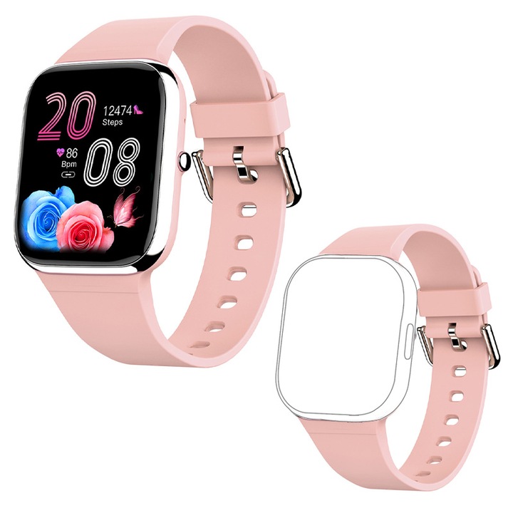 Smartwatch, SIHOiSi®, 2 curele de schimb, 280MB memorie, 1.85 inchi, Compatibil cu Android 4.4, IOS 8.0, Roz