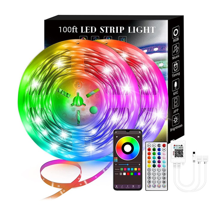Banda LED Smart Bluetooth RGB, SIHOiSi®, 2 role, 30 m, 360 de lumini, IP20, Adaptor de alimentare, Multicolor