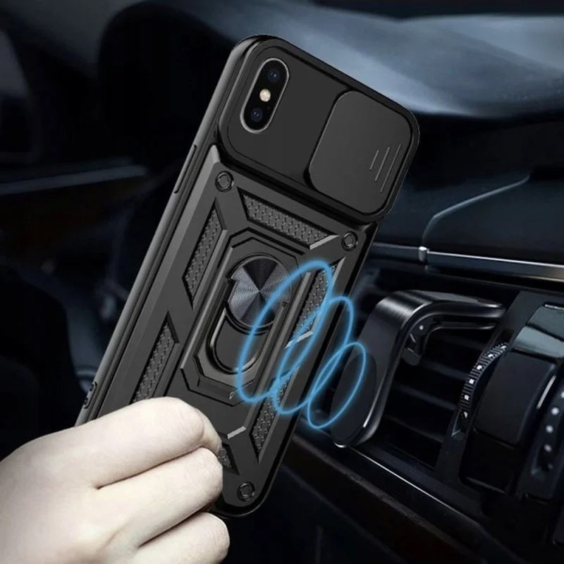 Husa telefon Mat-Tech compatibila cu iPhone X / XS, Protectie Camera Slide and Snap Soft Premium, Magnetic Ring Holder, PopGrip, Anti-Shock, Rugged Protection, Negru
