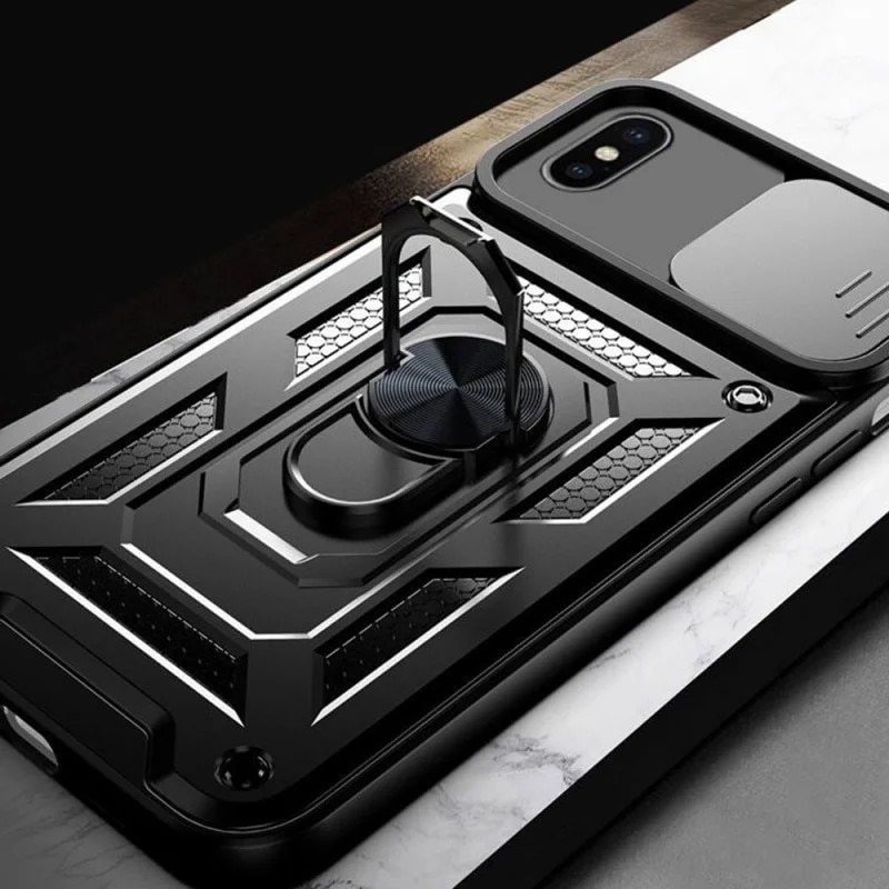 Husa telefon Mat-Tech compatibila cu iPhone X / XS, Protectie Camera Slide and Snap Soft Premium, Magnetic Ring Holder, PopGrip, Anti-Shock, Rugged Protection, Negru