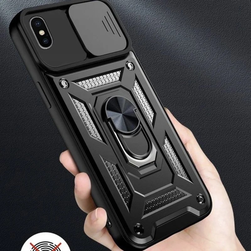 Husa telefon Mat-Tech compatibila cu iPhone X / XS, Protectie Camera Slide and Snap Soft Premium, Magnetic Ring Holder, PopGrip, Anti-Shock, Rugged Protection, Negru