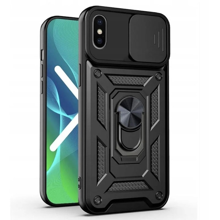 Калъф за телефон Mat-Tech, съвместим с iPhone X / XS, Slide and Snap Soft Premium Camera Protection, Magnetic Ring Holder, PopGrip, Anti-Shock, Rugged Protection, Черен