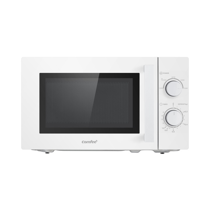 Cuptor cu microunde Comfee Solo cu 5 niveluri de putere, Iluminare interioara, Dezghetare usoara, Placa rotativa 360°, Doua butoane de control, 20 L, 700 W, Alb, Mecanic, CMSN 20 Wh