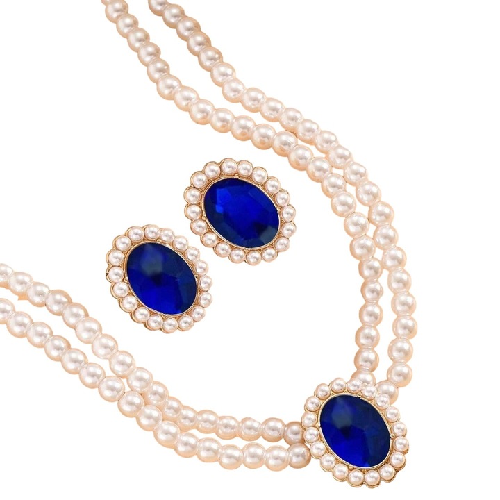 Set colier choker si cercei, auriu, cu perle si pietre albastre, Osar C5