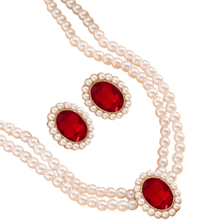 Set colier choker si cercei, auriu, cu perle si pietre rosii, Osa C5