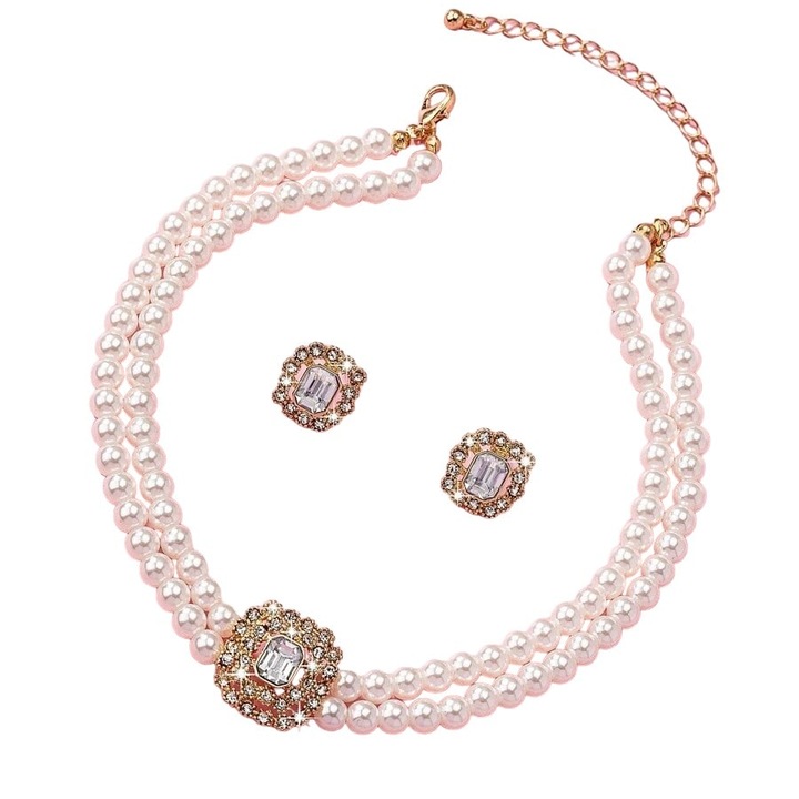 Set colier si cercei, auriu, cu perle si pietre, Olja C3