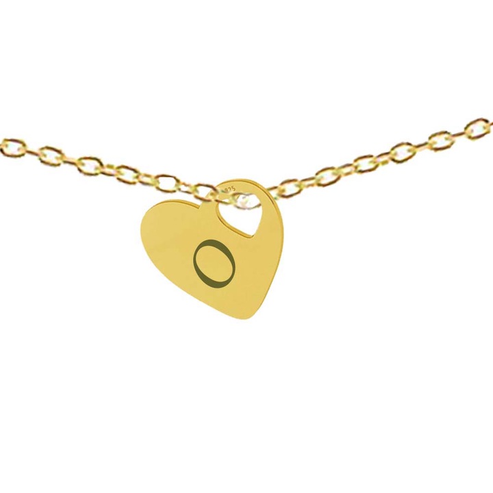 Lant argint, 50 cm, si charm inima gravat litera O, ambele din argint 925 placat cu aur de 24k, Dalimag
