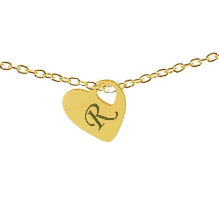 Lant argint, 50 cm, si charm inima gravat litera R, ambele din argint 925 placat cu aur de 24k, Dalimag