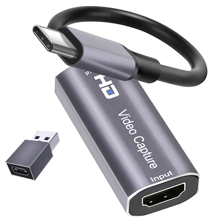 Адаптер за заснемане на видео, Mczan, 4K, 60fps, HDMI към Type-C, съвместим Windows/Mac OS, сребрист