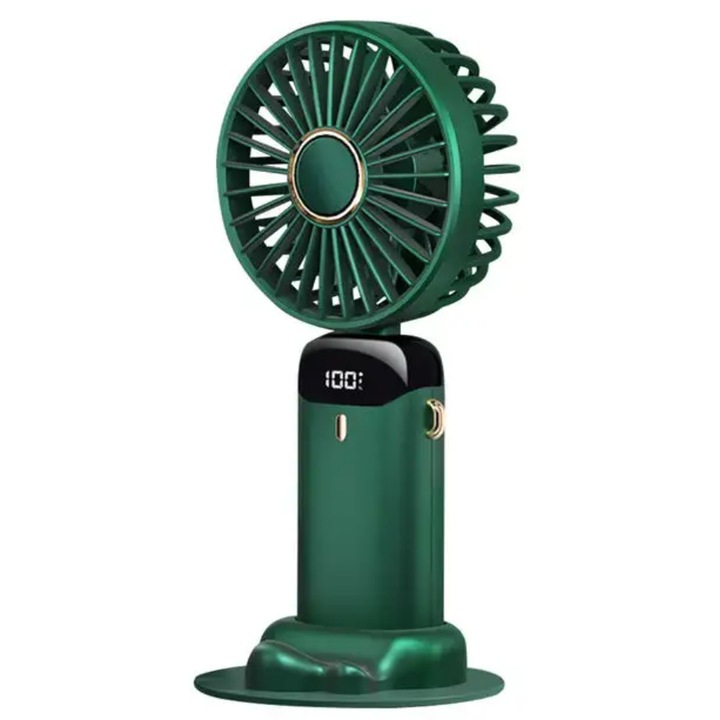 Ventilator portabil, ZYuuan, cu display digital, mini, incarcare USB, 3000mAh, pliabil, 5 trepte viteza, Verde
