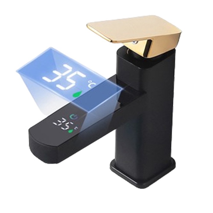 Baterie lavoar/cada, Masurare inteligenta a temperaturii, YWX, Metal, Afisaj digital cu ecran LED, Control temperatura apa prin touch, Negru/Auriu