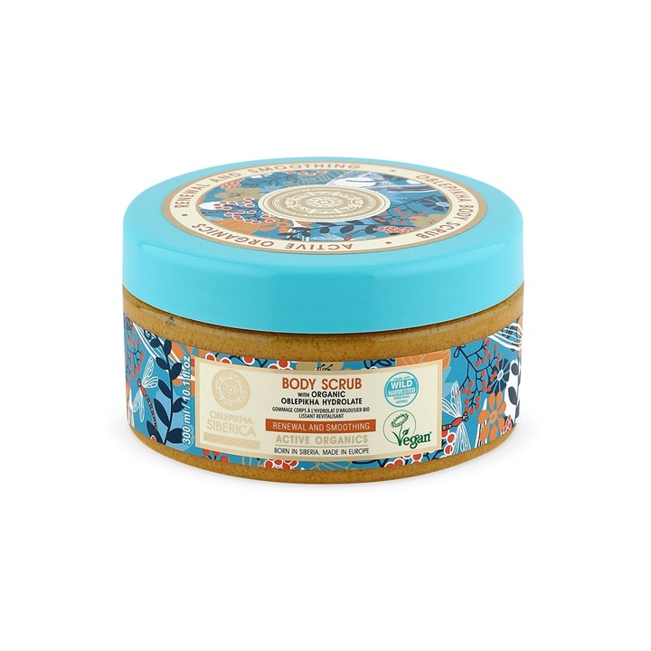 Scrub de corp Natura Siberica, 300ml, vegan, cu ulei de zmeura si extracte organice