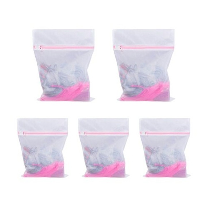 5 pungi de rufe cu fermoar, material durabil, 50x60 cm, alb/roz