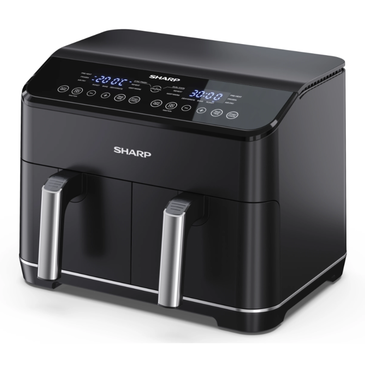 Sharp GD82AEB légkeveréses sütő, dupla fiókos, 2 x 1800 w, 12 program, 10 főzési funkció, űrtartalom 2 x 4 l, nagy sebességű forró levegő funkció 2500 ford./perc, digitális panel, tapadásmentes bevonat, fekete