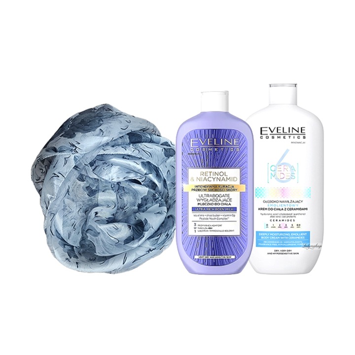 Készlet Hidratáló testápoló krém száraz vagy nagyon száraz bőrre Eveline Cosmetics 6 Ceramids, 350 ml + Kisimító testápoló tej ultra gazdag Retinol & Niacynamid, 350 ml + Selyem sál