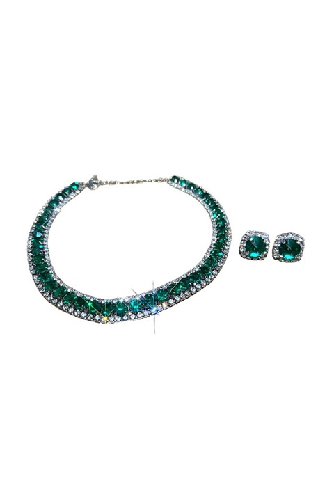 Set de bijuterii, JENUOS®, colier si cercei pentru femei, S925 argint, Verde/Argintiu, 2 buc