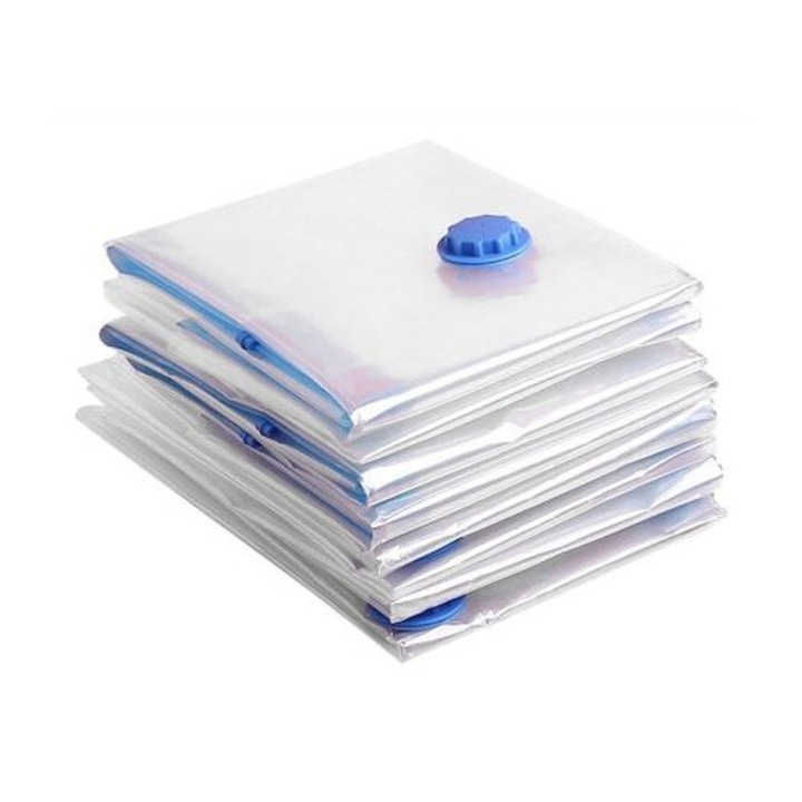 Set de 6 bucati de pungi de compresie in vid pentru haine si paturi, reutilizabile, rezistente la umezeala si mucegai, depozitare portabila, albastru/transparent