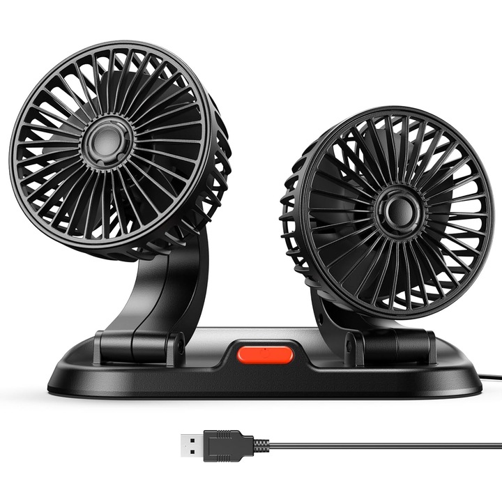 USB вентилатор за кола с две глави, 3 скорости, въртене на 360°, захранва се от USB, черен