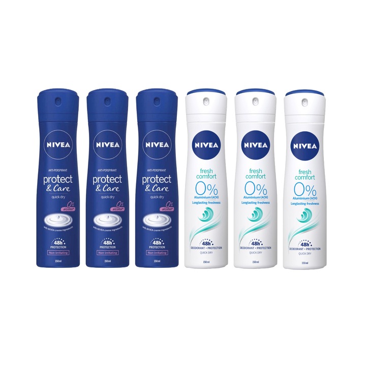 Set 6 X Nivea Antiperspirant Woman Deo 150ml, 3 X Protect&Care, 3 X Fresh Comfort, 0% Alcohol, Non-Irritating, 48h Protection