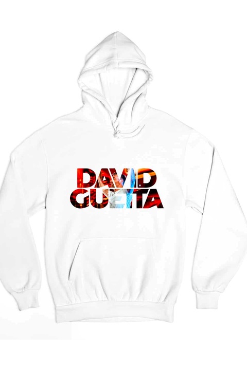 Pulover de damă cu inscripție colorată David Guetta, Alb