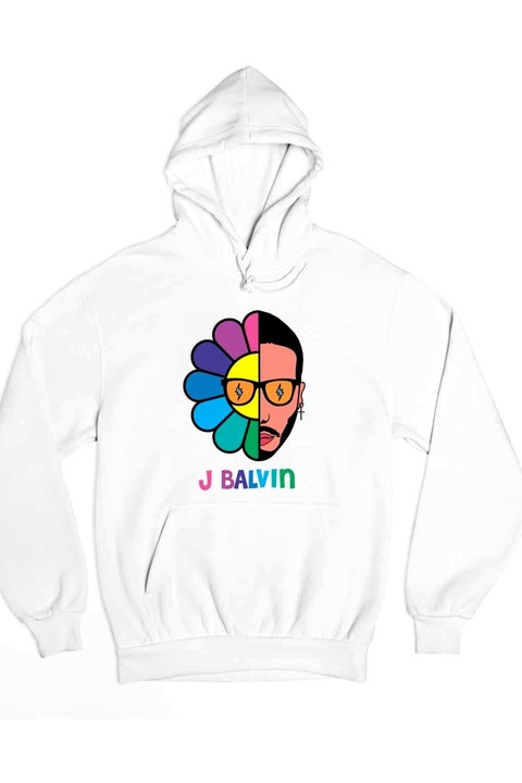 Hanorac cu glugă cu flori J Balvin pentru femei, Alb